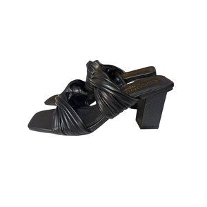 Coconuts By Matisse Black Heeled Sandals Size 10M With Woven Strap Design & Text